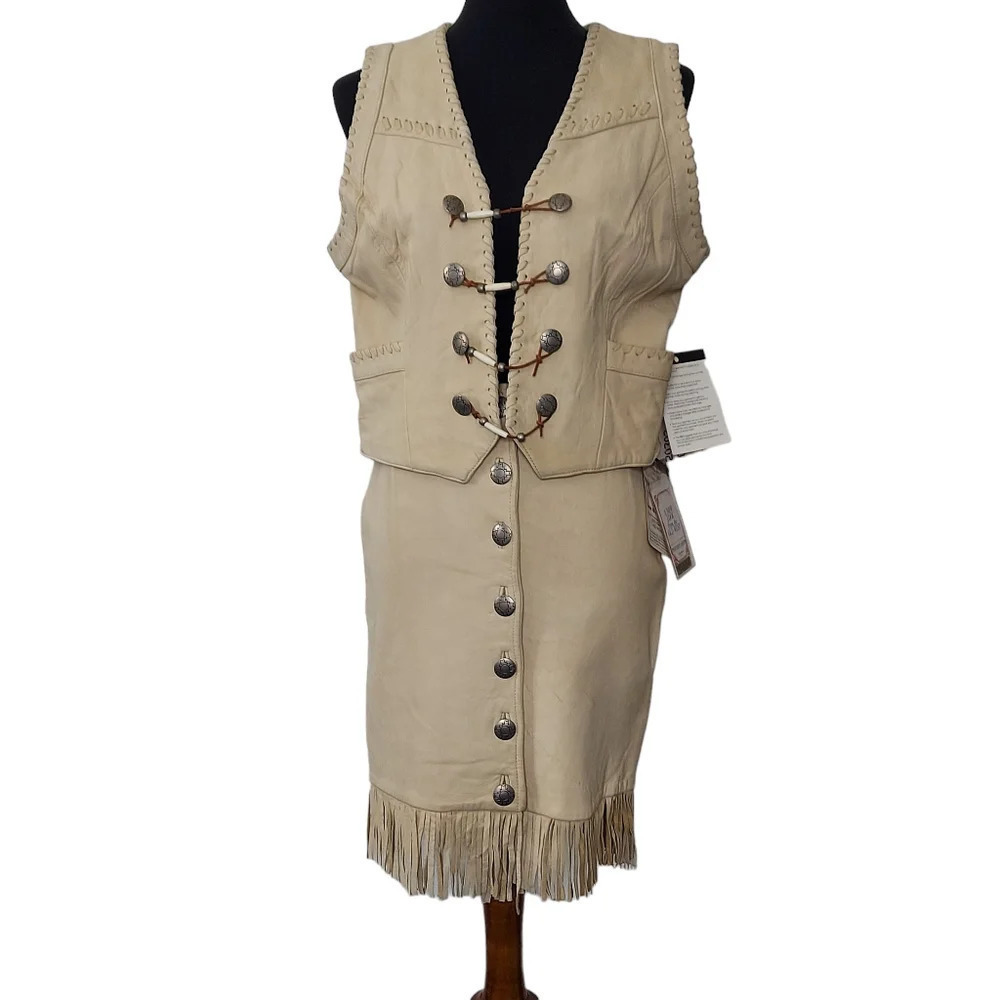 Pioneer Wear Vintage NOS Cream Leather Button Down Front Fringed A-Line Skirt‎